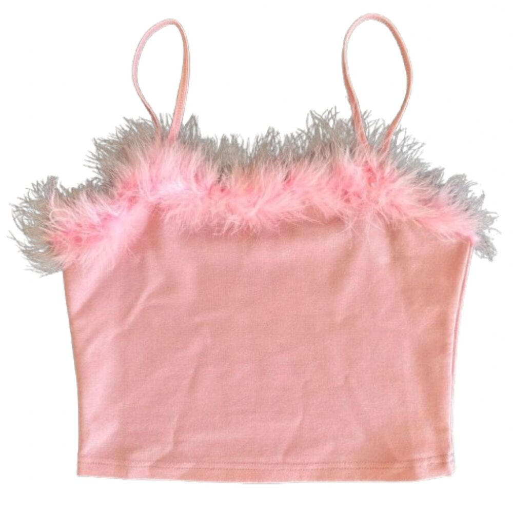 Dollskill Sugar Thrillz Pink Feather Trim Camisole Crop Top Cami Womens Size M
